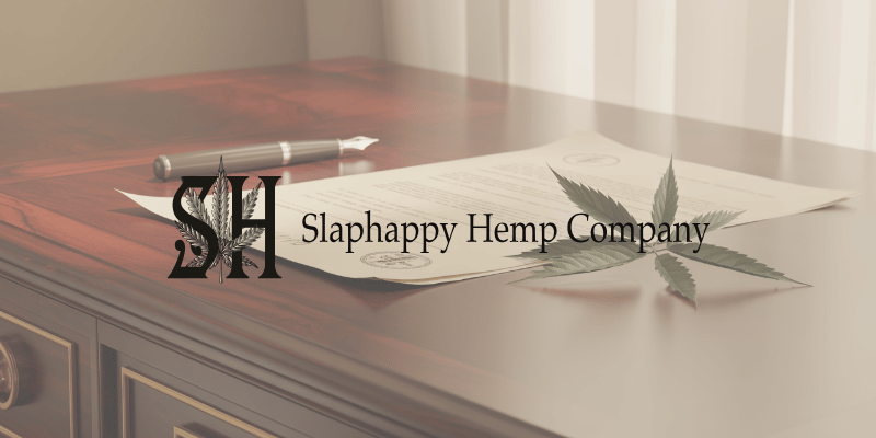 a pen, hemp leaf, and document awaiting signature on top of a desk in a political office