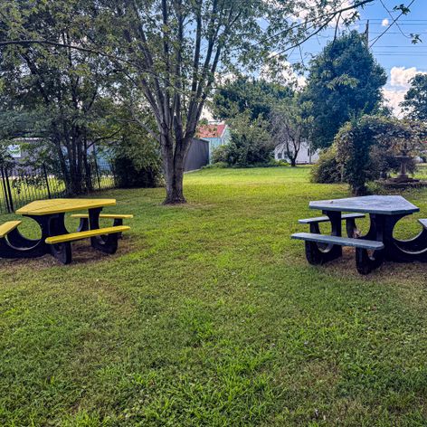 picnic tables in the hemporium yard